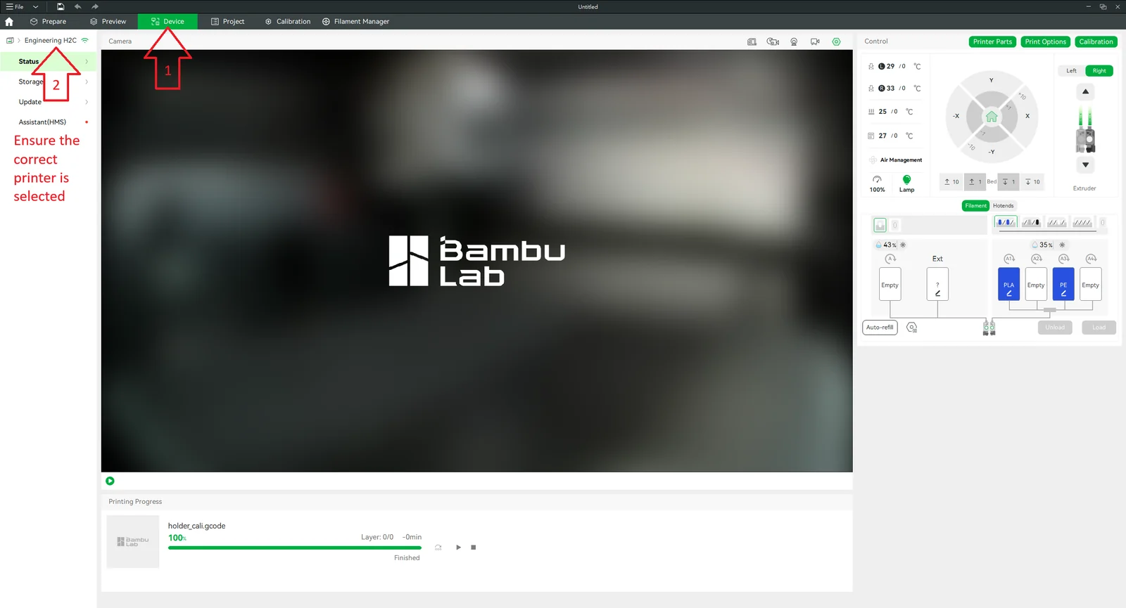 Bambu Studio's Device page — make sure the correct P1S is selected.
