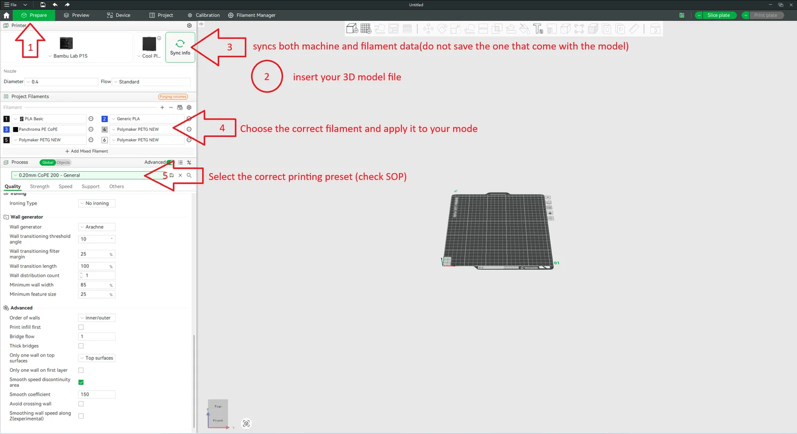 The Prepare tab — insert the model, sync info, pick the filament and the preset.