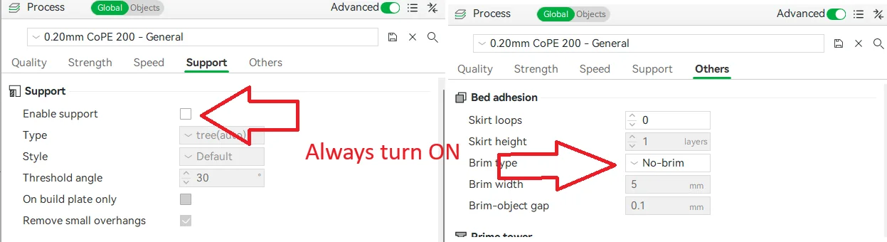 Process settings — supports and brim should always be turned on.