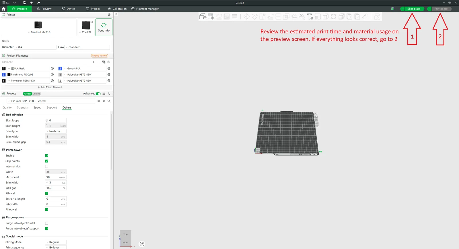 Slice the plate, review the time and material estimates, then print.